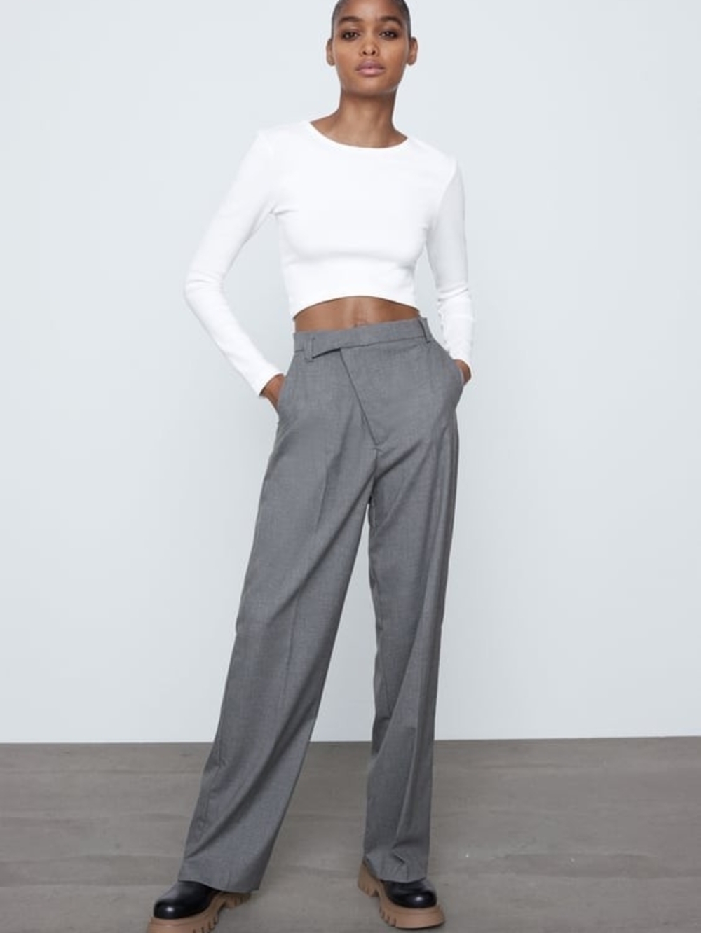 ZARA Grey Asymmetric Crossover Waist Wide Leg Trousers Pants Size XS